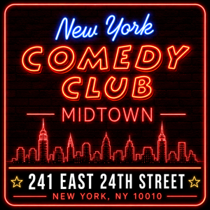 New York Comedy Club Midtown neon logo sign with red NYC skyline and address at 241 East 24th Street Manhattan