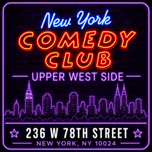New York Comedy Club Upper West Side neon logo sign with purple NYC skyline and address at 236 W 78th Street Manhattan