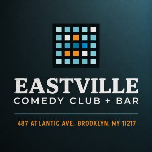 Eastville Comedy Club + Bar logo with modern pixel-style icon and Brooklyn address on a dark blue gradient background