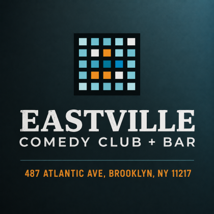 Eastville Comedy Club + Bar logo with modern pixel-style icon and Brooklyn address on a dark blue gradient background
