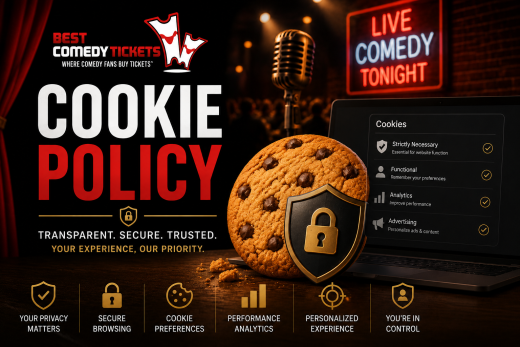 Best Comedy Tickets cookie policy featured image with comedy microphone, cookies, security shield, and NYC comedy club branding