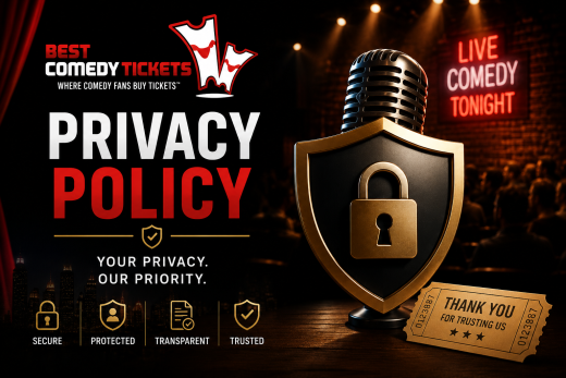 Best Comedy Tickets privacy policy featured image with comedy microphone, security shield, and NYC comedy club branding
