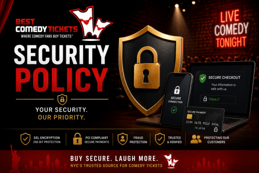 Best Comedy Tickets security policy featured image with security shield, secure checkout, comedy microphone, and NYC comedy club branding
